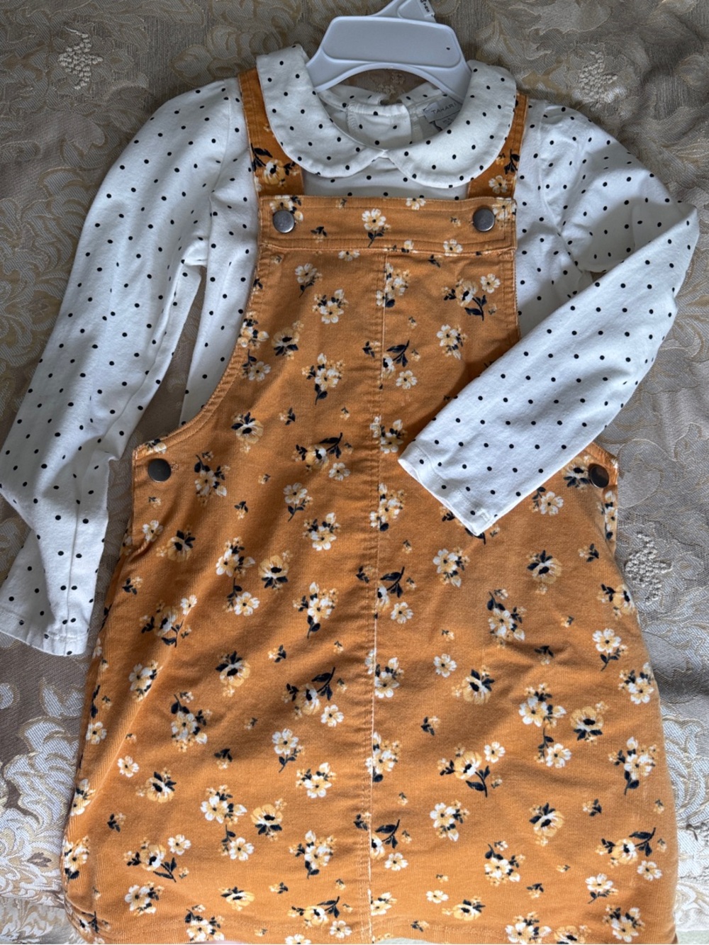 Elie Tahari Girls Mustard Yellow Floral Pinafore Dress with White Polka Dot Top